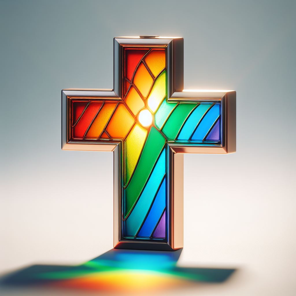 A cross with stained glass interior that has rainbow colours
